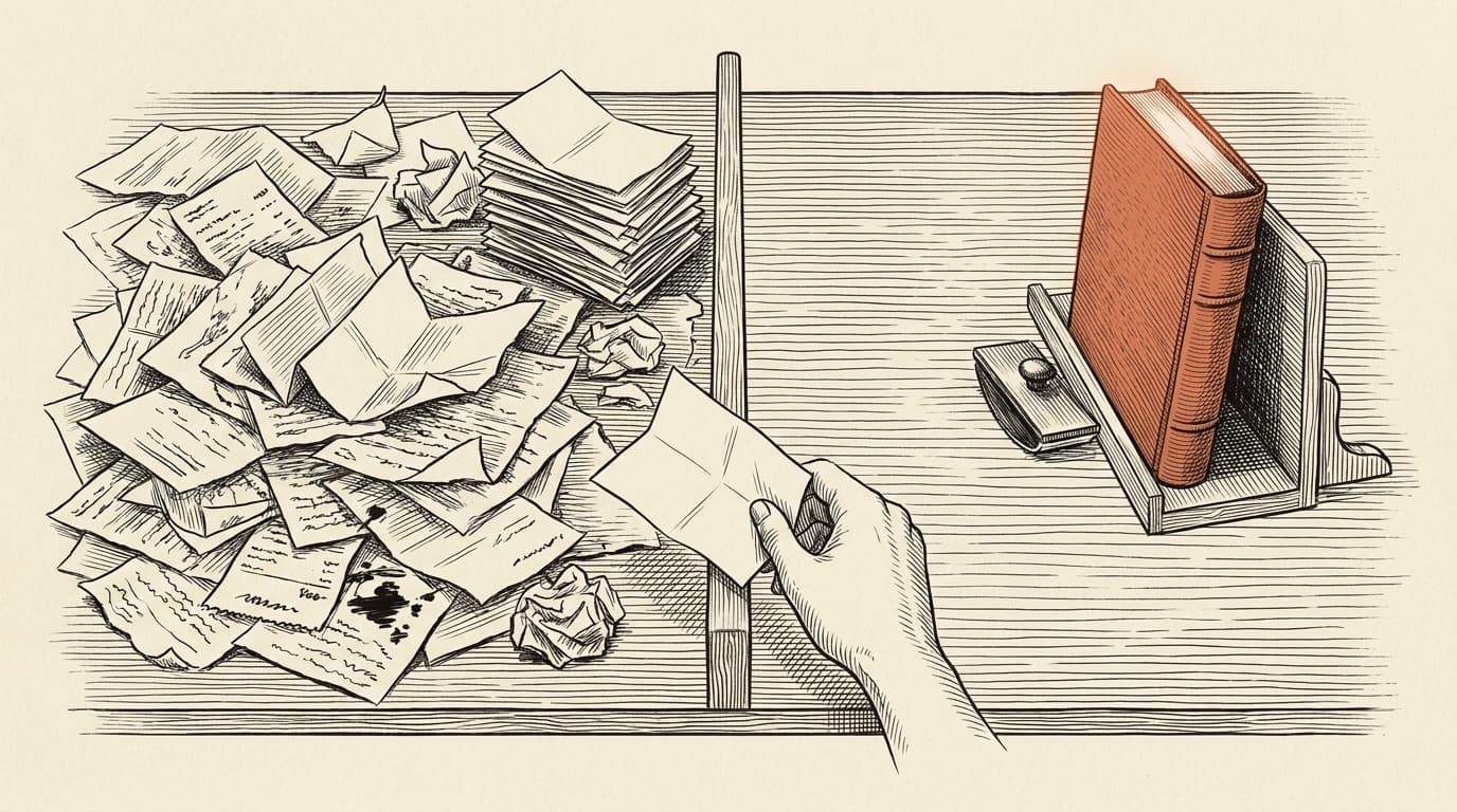 An archivist's sorting table divided in half. The left side piled with scattered ephemeral paper scraps, the right holding a single slim terracotta-bound book in order. A hand mid-transfer carries one folded note across the divide.