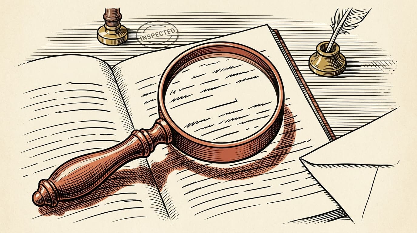 A terracotta magnifying glass hovering over a ledger page, highlighting the one row that's noticeably shorter than the others.