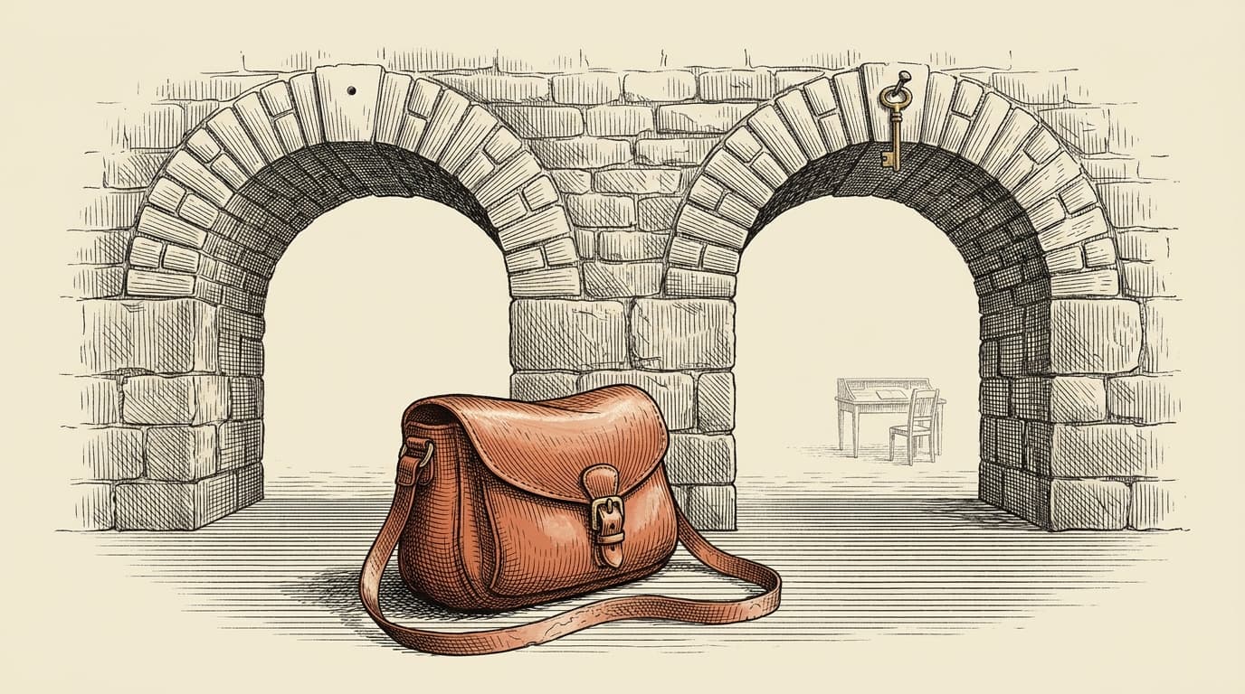 A terracotta messenger's satchel dropped in front of the wrong archway, while through the correct archway a reading desk waits unseen.