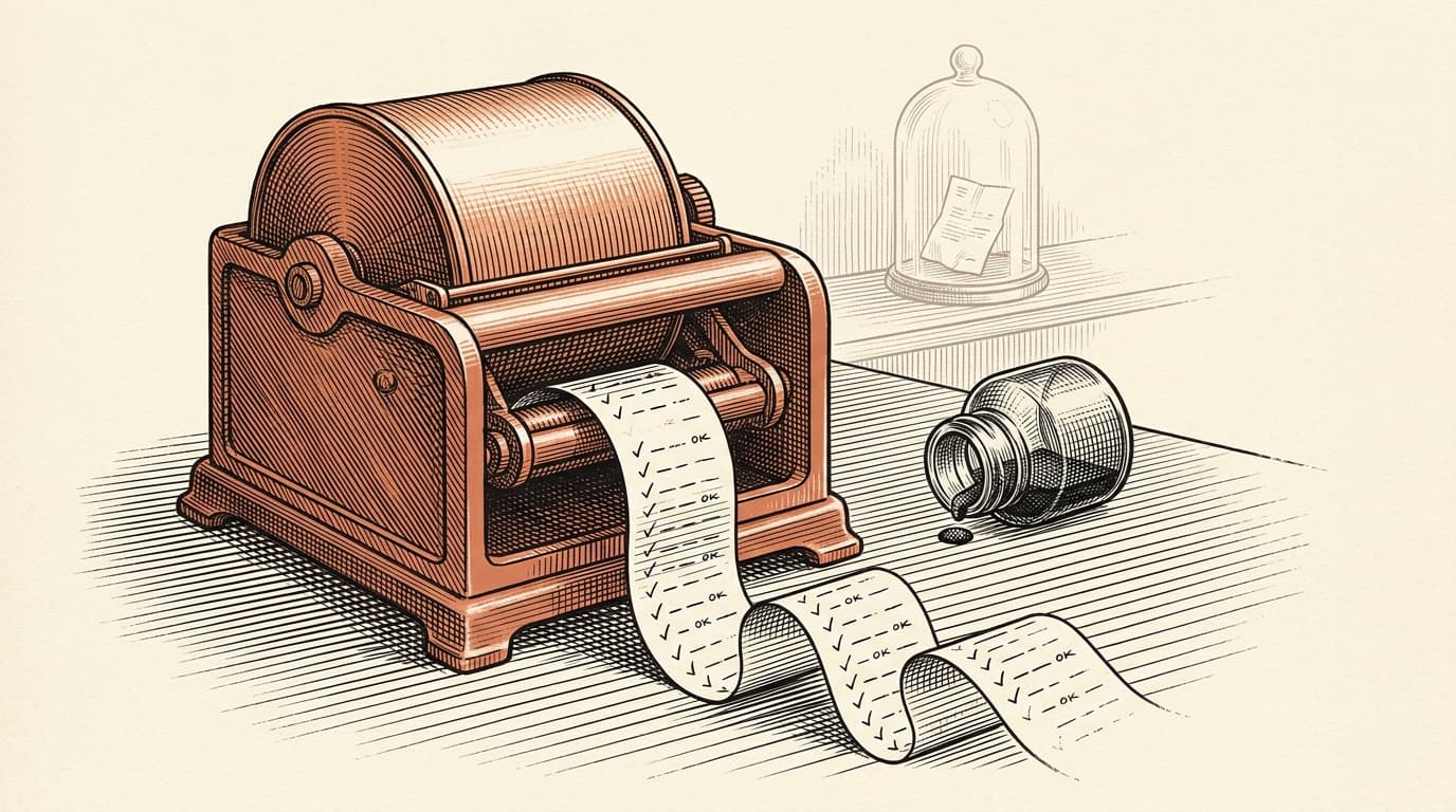 A terracotta ticker-tape printer emitting a ribbon of checkmarks while an empty ink well sits tipped on its side — writing without output.