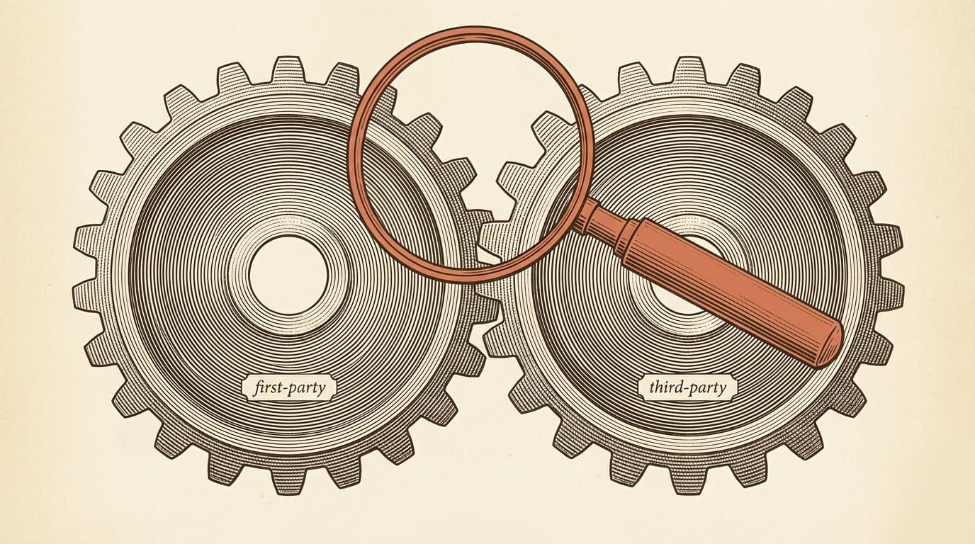 Intaglio engraving of two identical mechanical gears under a magnifying glass — left labeled first-party, right labeled third-party, indistinguishable in every detail. Terracotta magnifying glass handle, cream paper.