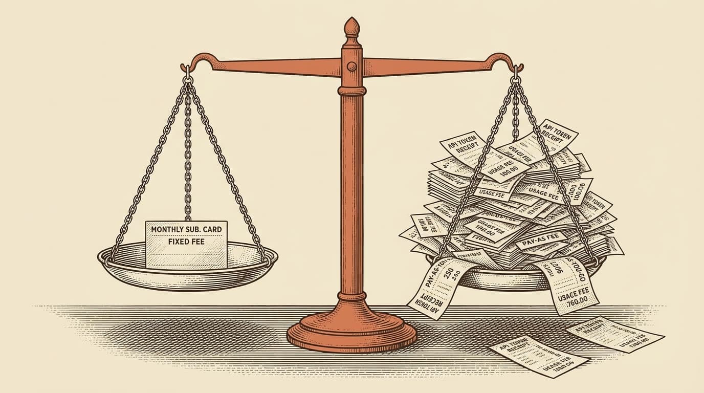 Intaglio engraving of an old-fashioned balance scale — left pan holds a single subscription card, right pan overflows with API token receipts tumbling onto the table, right side sunken low. Terracotta scale beam, cream paper.