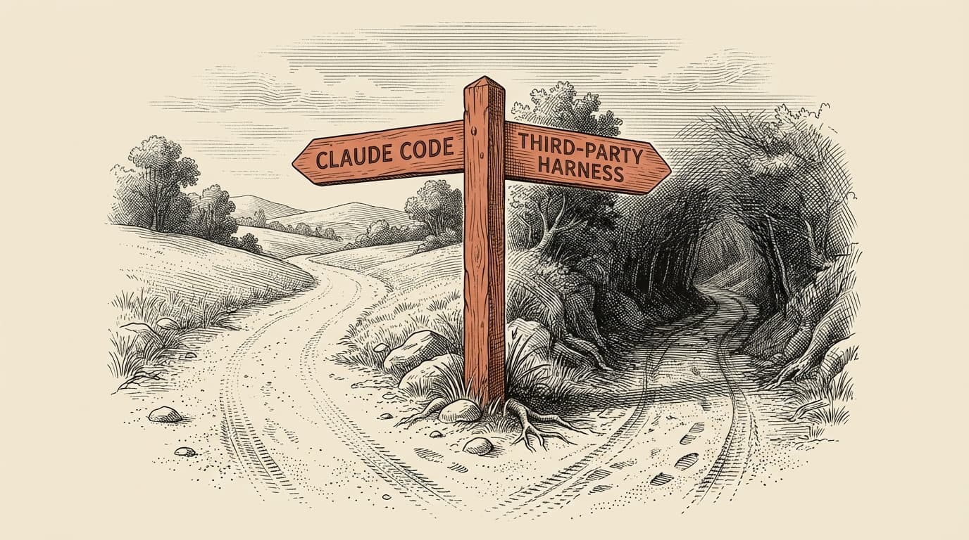 Intaglio engraving of a weathered signpost at a fork in a dirt road — left arm reads Claude Code in open light, right arm reads Third-Party Harness in shadow. Terracotta signpost, cream paper.