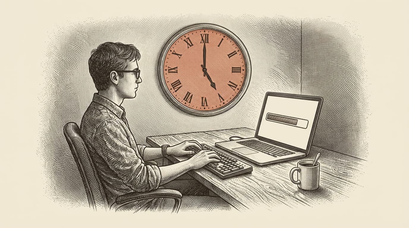 Intaglio engraving of a programmer at a desk staring at a wall clock while a laptop displays a progress bar stuck at 80 percent. Terracotta clock face, cream paper.