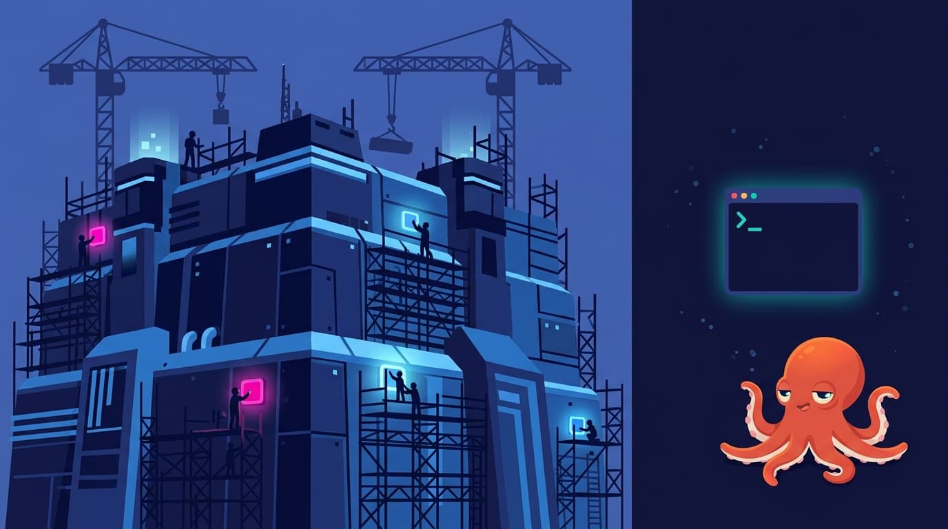 Split panel: left side shows a massive digital fortress under construction with cranes, scaffolding, and teams of tiny engineers installing glowing ML sensor nodes. Right side shows a single small terminal window floating in dark space with a blinking cursor — and the coral octopus mascot below it, one tentacle raised in a casual voilà gesture.