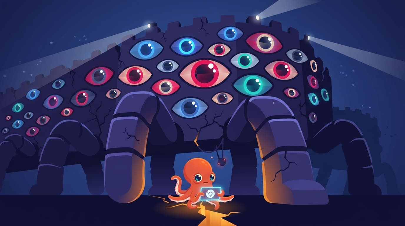 A tiny coral octopus stands calmly at a crack in an enormous animated fortress wall — the wall has grown legs and glowing ML sensor eyes. The mascot holds a luminous browser fingerprint glyph. Warm light pours through the crack from the open web beyond.