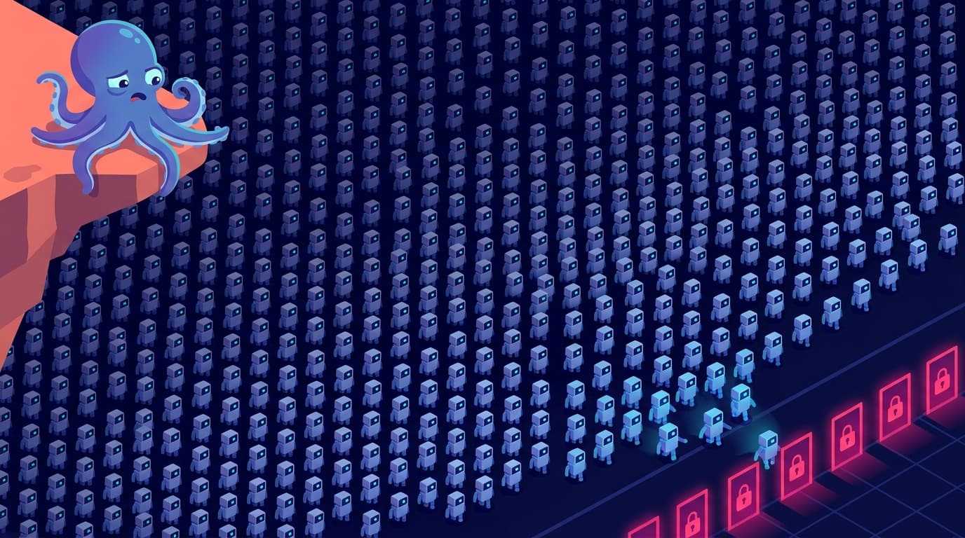 Bird's-eye view of thousands of identical AI agent-robots marching in grid formation toward locked website doors on the horizon. In the upper-left corner, the coral octopus mascot stands on an observation platform — skin shifted to a stressed blue-purple — watching the army it never summoned.