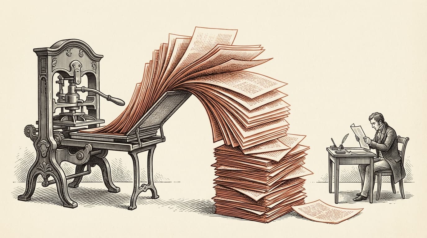 An intaglio engraving of an old printing press, terracotta sheets pouring out in a stack much taller than the single reader seated at a desk beside it, unread pages piling up — the throughput gap between generation and review