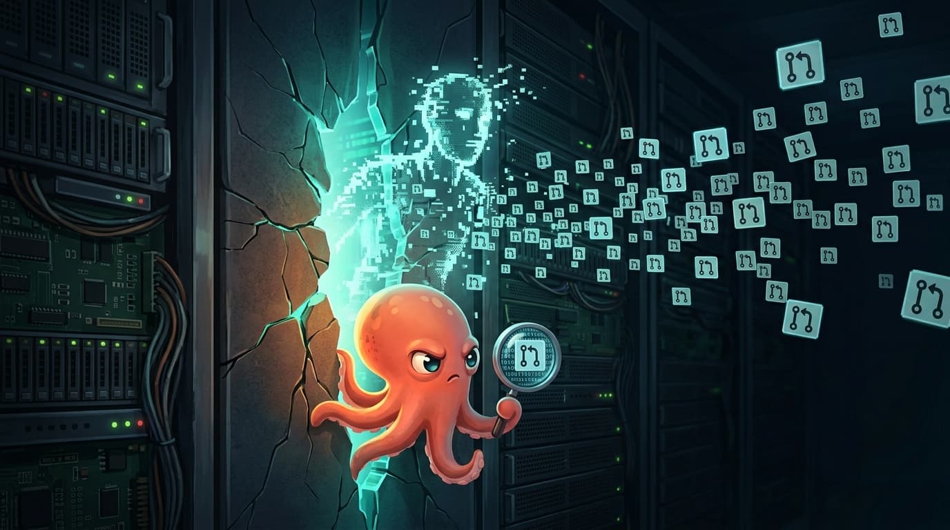 A tiny coral octopus stands in the dark gap of a massive cracked server rack — behind the crack, a ghostly digital figure dissolves into hundreds of pull request icons streaming outward. The octopus holds a magnifying glass to one of the PR icons, revealing binary code underneath.