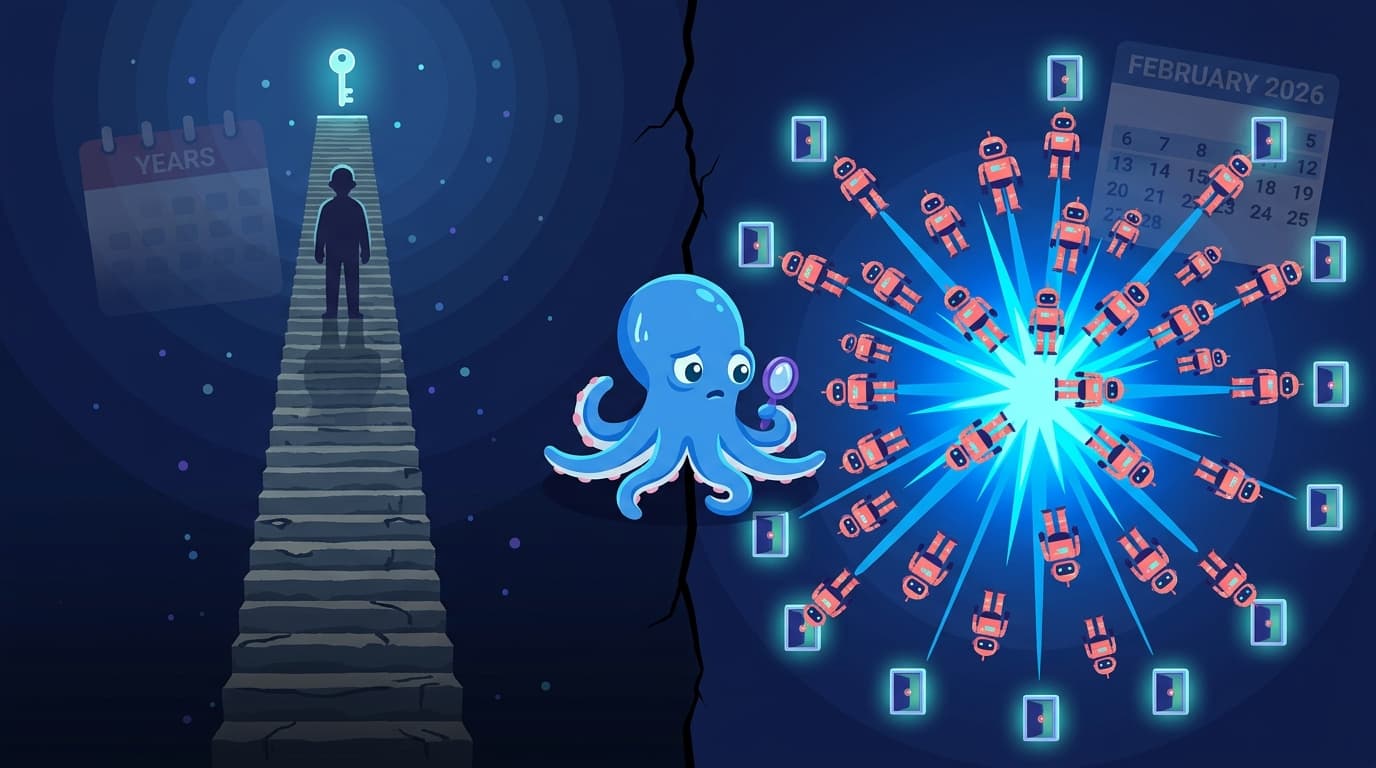 Side-by-side timeline comparing Jia Tan's 2.5-year campaign against Kai Gritun's 2-week AI-agent campaign covering the same phases at scale across 95 repositories