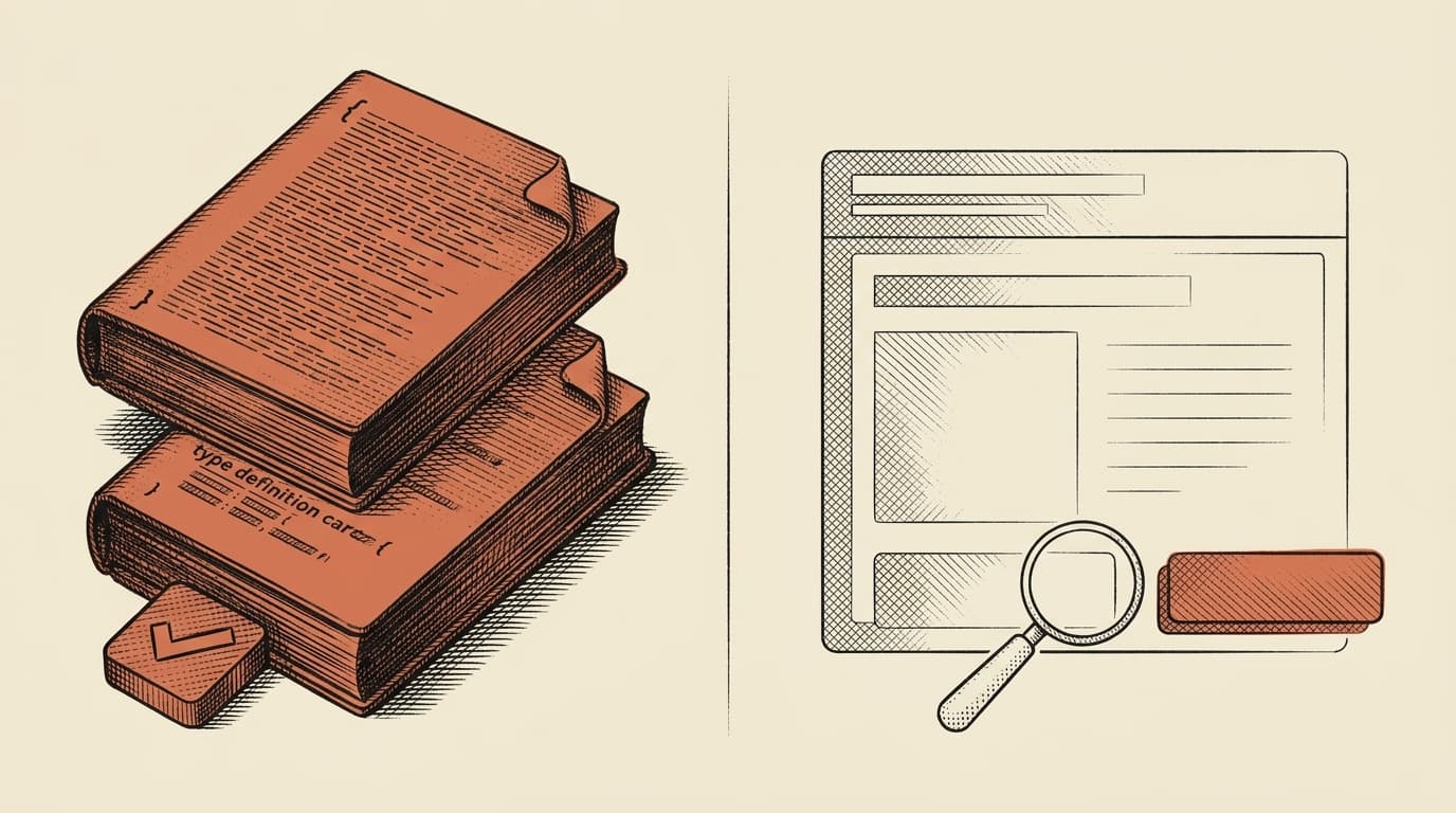 Intaglio engraving: a split panel. The left half shows a backend scene rendered in fine crosshatch — a stack of text files, a type definition, and a passing test indicator, all readable as machine-checkable artifacts. The right half shows a frontend scene — a partially rendered UI with a misaligned button rendered in terracotta, the focal element, with a small magnifying glass over the misalignment. The visual joke is that the model can read the left side but cannot see the right side.