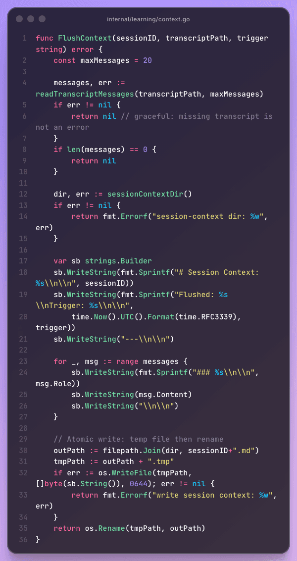 FlushContext saving last 20 messages to markdown before compaction