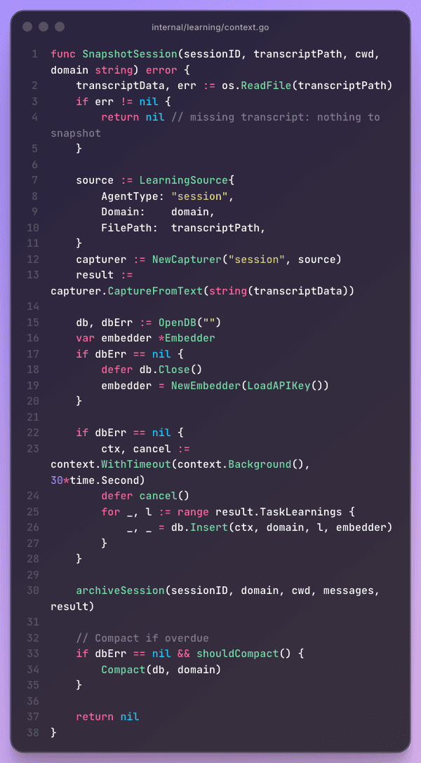 SnapshotSession extracting learnings from transcript and triggering compaction